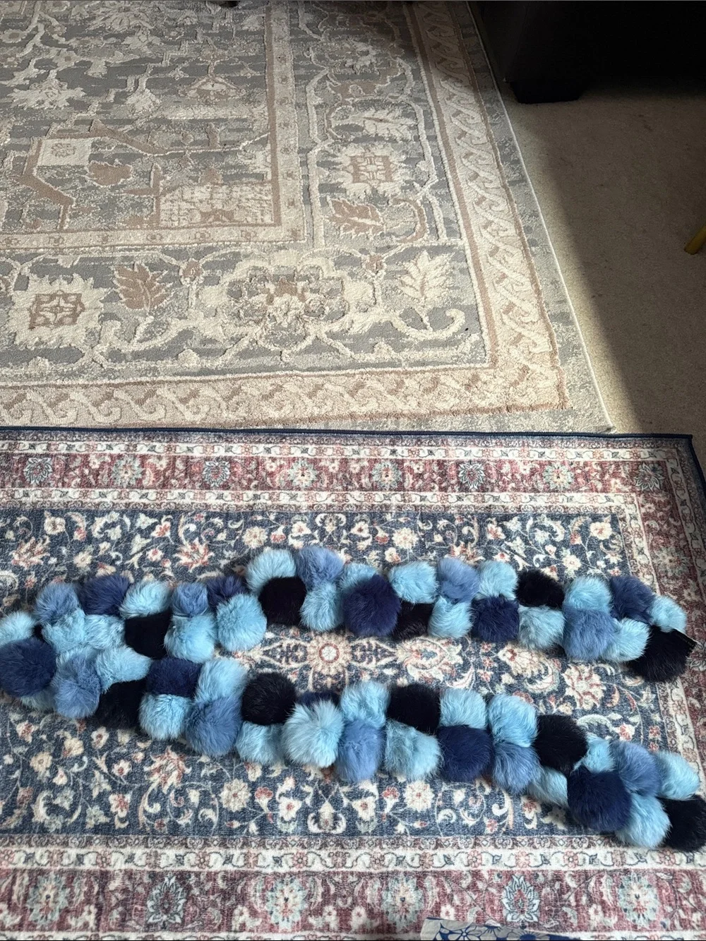 Folio Genuine Rabbit Fur Plush Blue Ombre Pom-Pom Scarf -